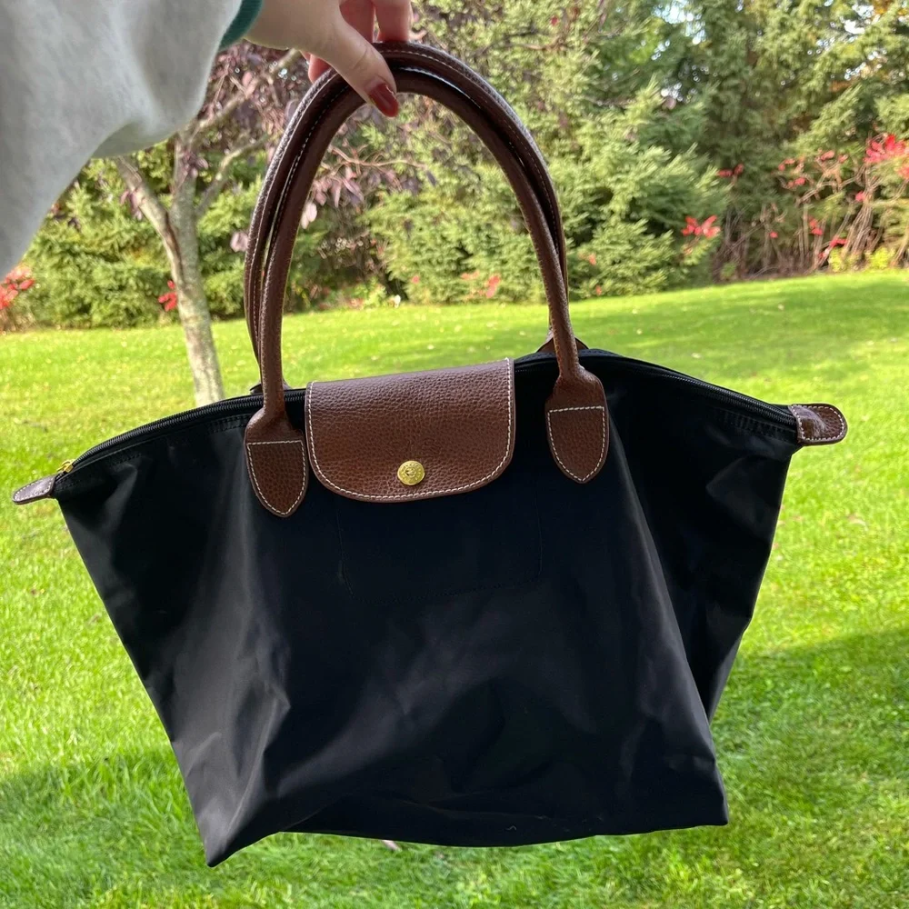 Longchamp medium le pilage nylon shoulder tote bag purse black brown - Picture 8 of 11